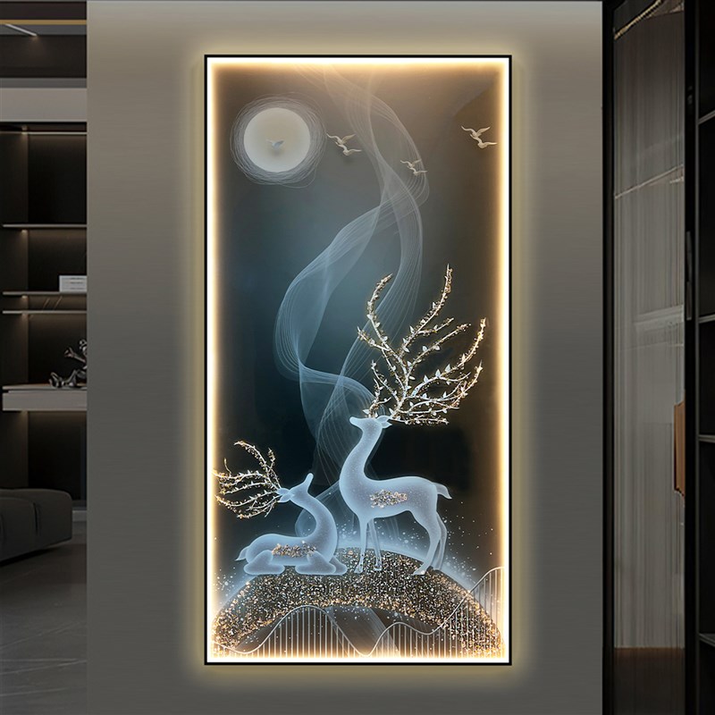 星空麋鹿轻奢风入户玄关晶瓷装饰画欧式过道挂画现代简约竖版壁画图片