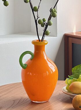 橙色中古花瓶细口径插花奶壶家居桌面玄关装饰摆件多巴胺彩色花器