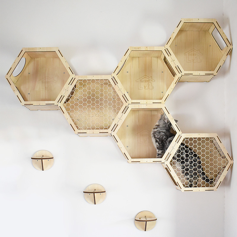 六边形猫爬架墙壁式实木拼搭壁挂猫爬架墙上面式猫窝跳台猫树猫塔