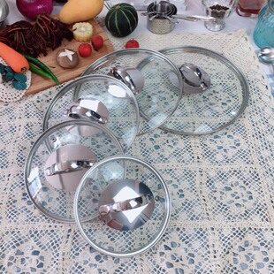 加厚玻璃盖子透明圆形钢化玻璃盖304不锈钢盖顶不锈钢边圈锅盖