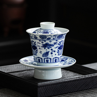 青花瓷三才盖碗小号家用德化陶瓷带盖防烫功夫茶具单个白瓷泡茶杯