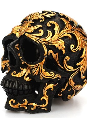 欧美时尚金色骷髅头摆件花纹小骷髅摆饰万圣节日主题酒吧布景道具