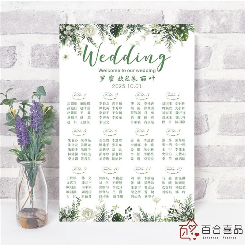 森系草坪婚礼宾客座位指引席位图座次表结婚酒店名单海报设计