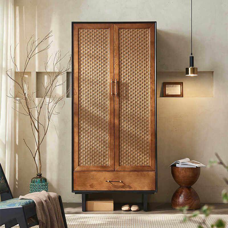 中古风实木藤编衣柜收纳储物柜侘寂风复古橱柜民宿卧室双门衣帽柜,住宅家具,独立衣柜,淘宝优惠券,粉丝福利购,淘宝优惠卷