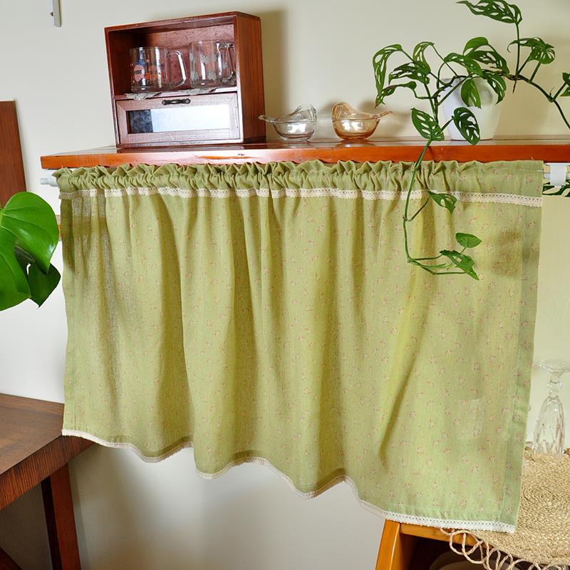 绿色碎花免打孔小窗帘短帘半帘隔断帘半遮光布帘门帘柜帘咖啡帘