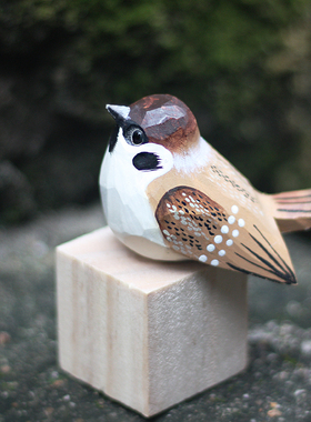 鹿妖商店 肥啾鸟 木雕小鸟 麻雀 家雀 手工实木桌面摆件 小胖鸟