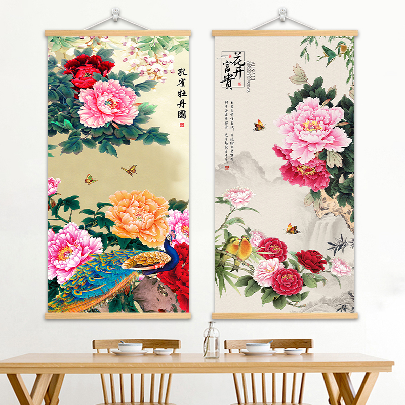 花开富贵牡丹花挂画客厅装饰画玄关入户走廊布艺背景壁画寓意吉祥图片