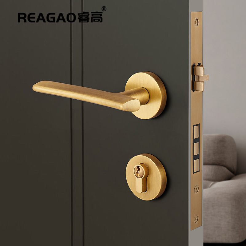 中古风纯铜门锁现代室内卧室分体锁双G开门把手家用通用型锁具极