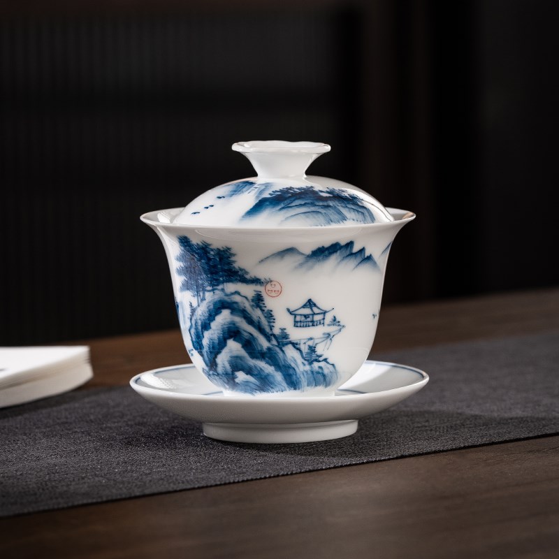 陶瓷手绘青花瓷三才盖碗冲茶介碗高档茶杯茶具套装大号功夫泡茶碗