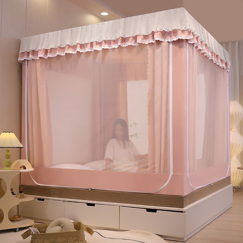 双层强遮光床帘蚊帐一体式全封闭公主风蒙古包家用卧室床幔带支架