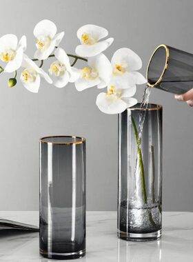 直筒玻璃花瓶客厅饰品摆件灰色现代简约描金软装水培透明插花花器