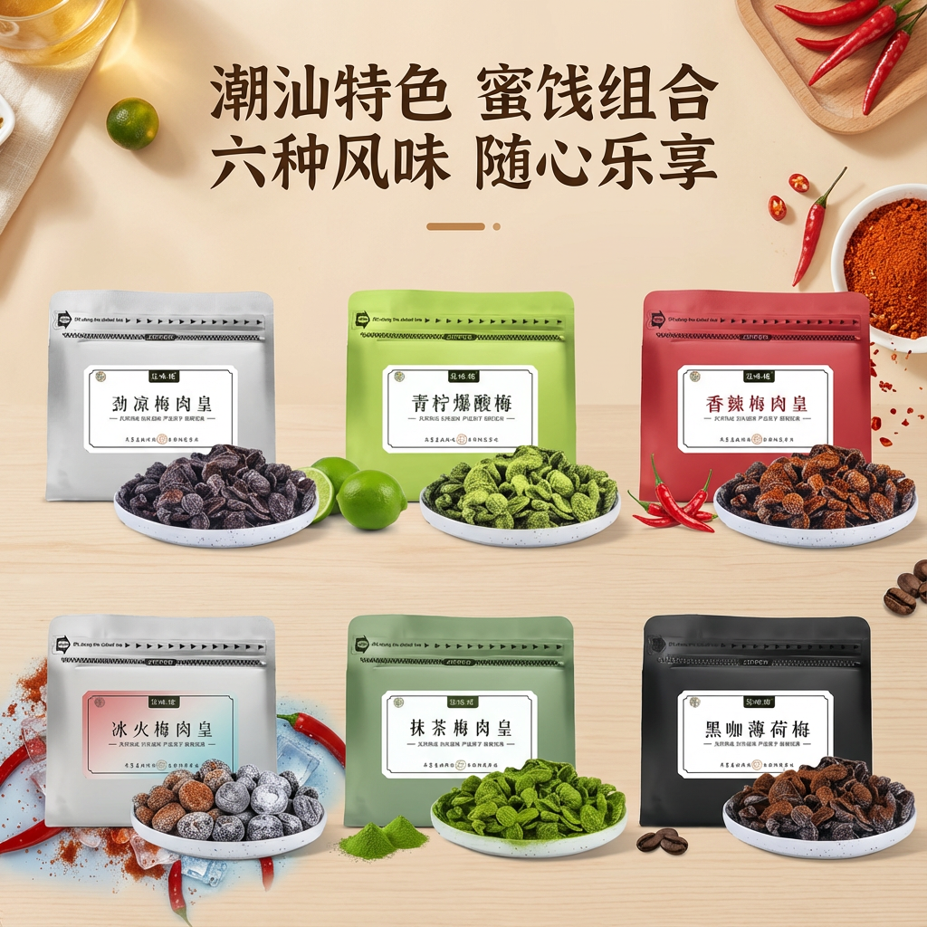 【花味佬】潮汕风味梅肉蜜饯组合六种风味香辣咖啡薄荷追剧休闲果