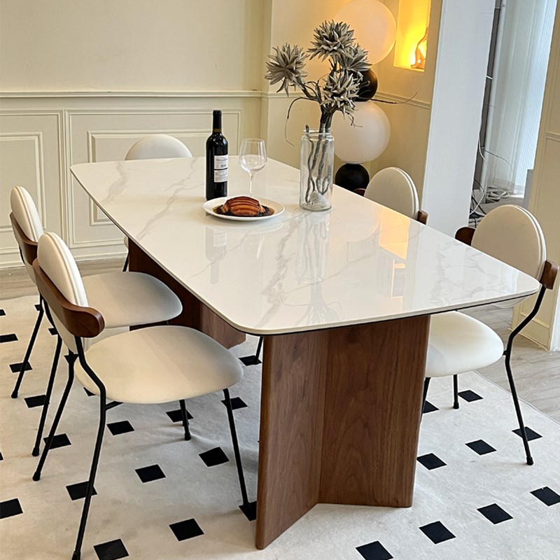 中古风白蜡实木餐桌家用小户型餐厅胡桃色2024年新款岩板饭桌椅