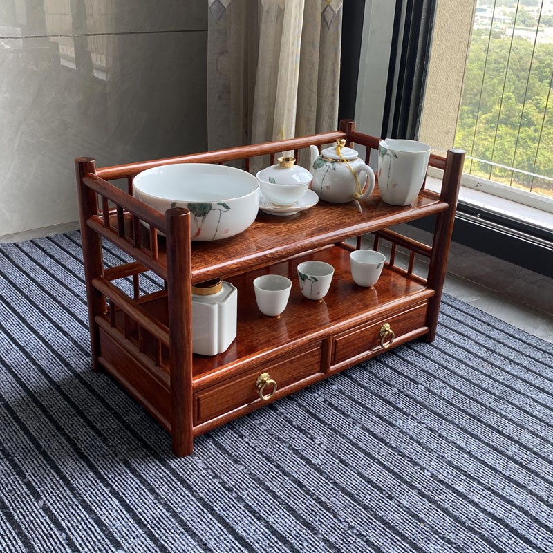 缅甸花梨木茶水架桌面茶具茶壶收纳架茶杯收纳架带抽屉两层摆放架