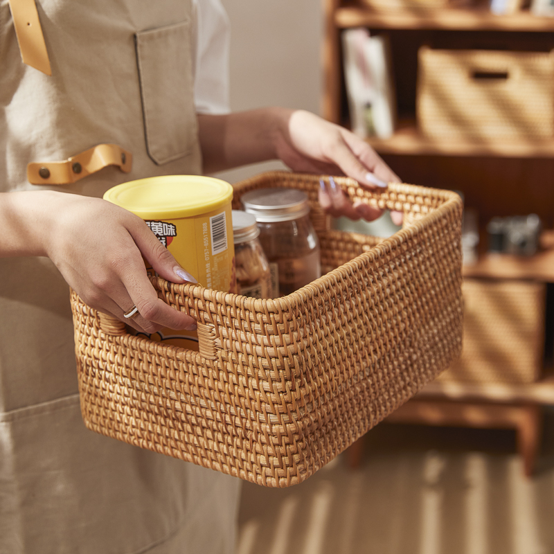 藤编收纳筐桌面零食化妆品钥匙面膜收纳盒杂物置物篮编织收纳篮子