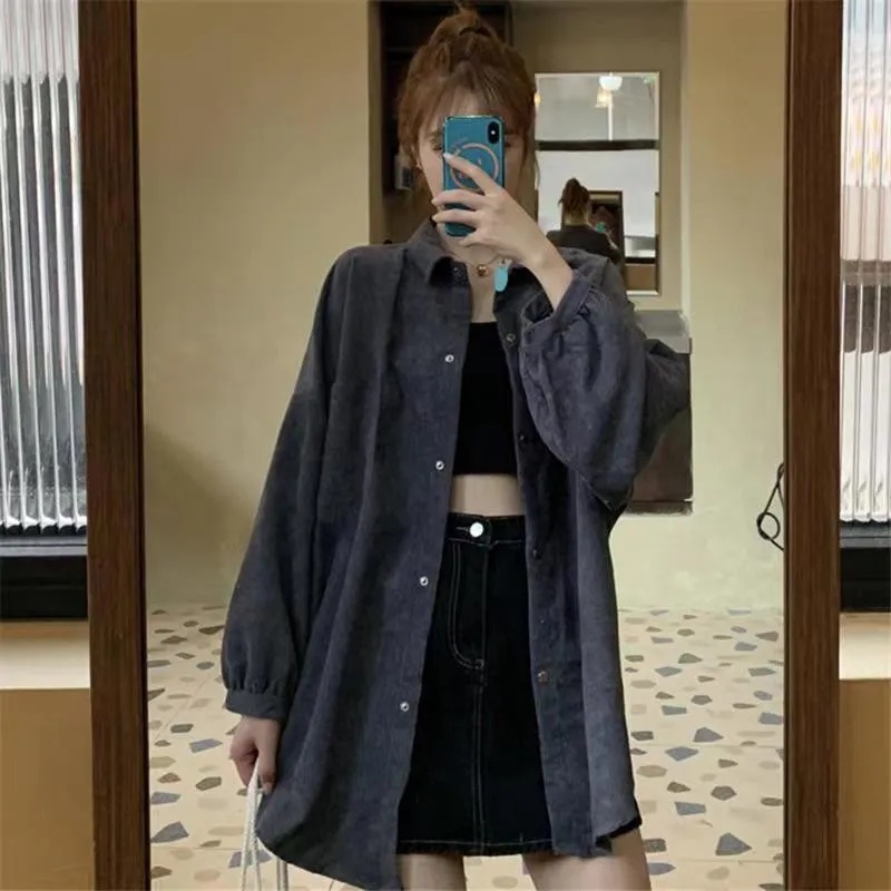 港味复古灯芯绒衬衫外套女