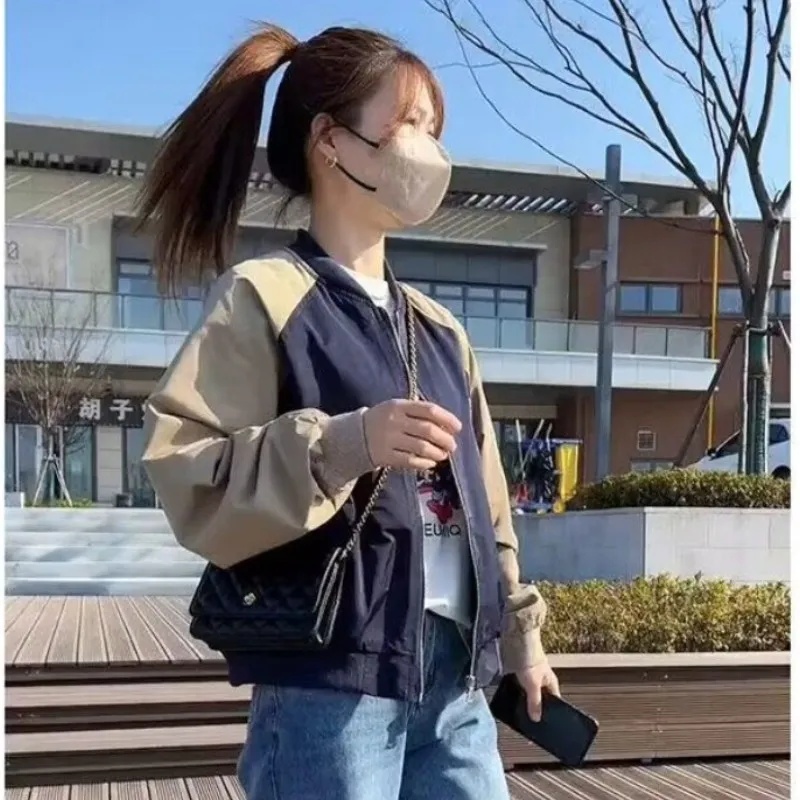韩版复古拼接撞色棒球服外套女