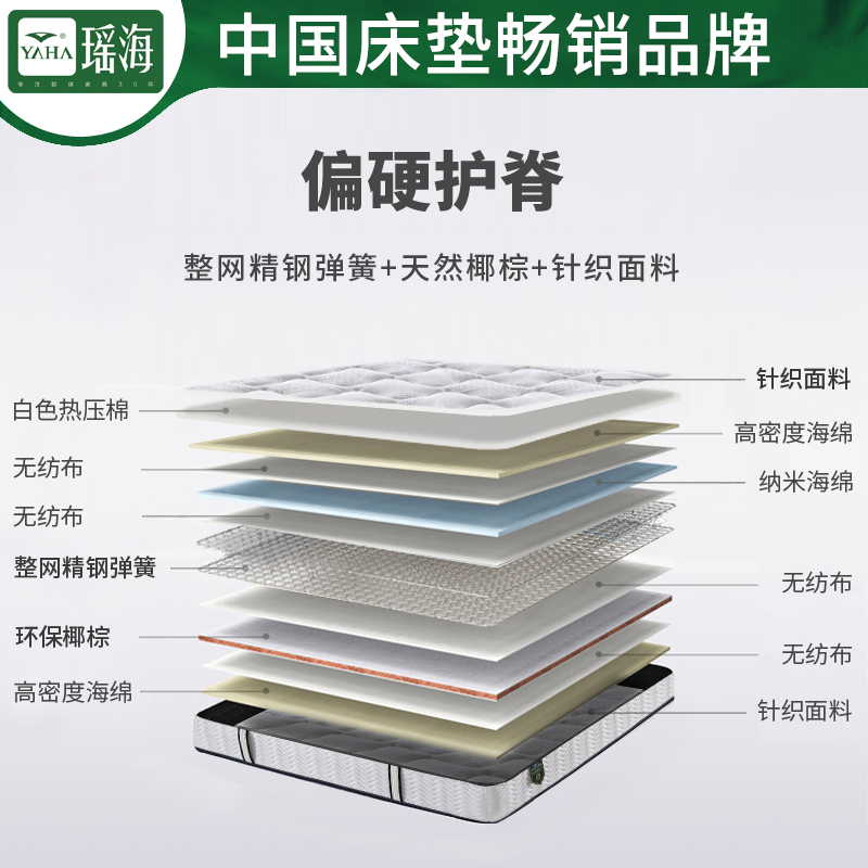 瑶海3E椰棕护脊弹簧席梦思床垫硬垫棕榈1.8m床中硬1.5m床双人经济