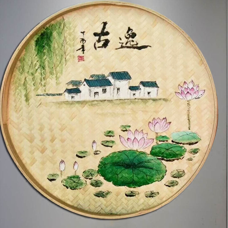 手绘竹筛簸箕画农家乐装饰竹编制品墙上墙壁挂饰墙面圆形挂件田园图片