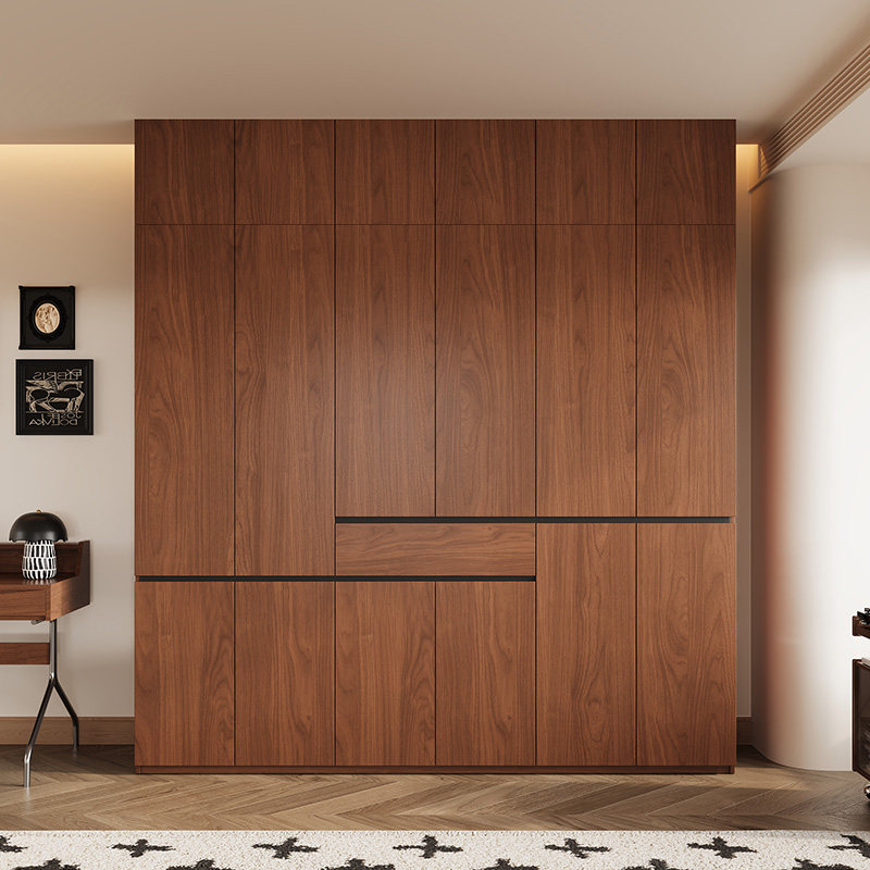 全实木橡木衣柜定制带顶柜2.8米3.0高卧室家用胡桃色中古风大衣橱
