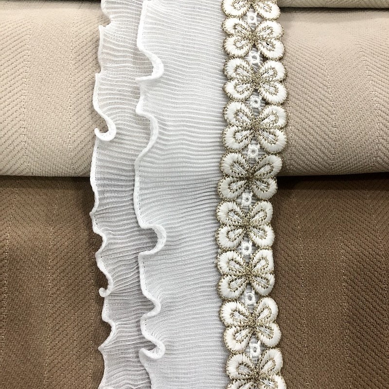 法式浪漫蕾丝窗帘侧拼接装饰雪纺双层木耳边 水溶树叶珍珠百褶10c