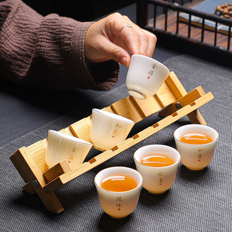 厚款陶瓷功夫小茶杯6只装带杯架 禅字羊脂玉白瓷品茗杯客人杯家用