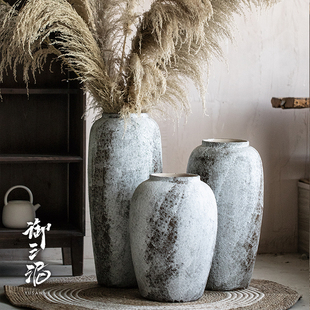 饰现代简约白色家居花瓶 大号北欧摆件复古侘寂风粗陶罐客厅插花装
