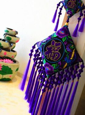 民族风刺绣家居装饰品  客厅挂玄关背景墙复古正方形福字紫色挂件