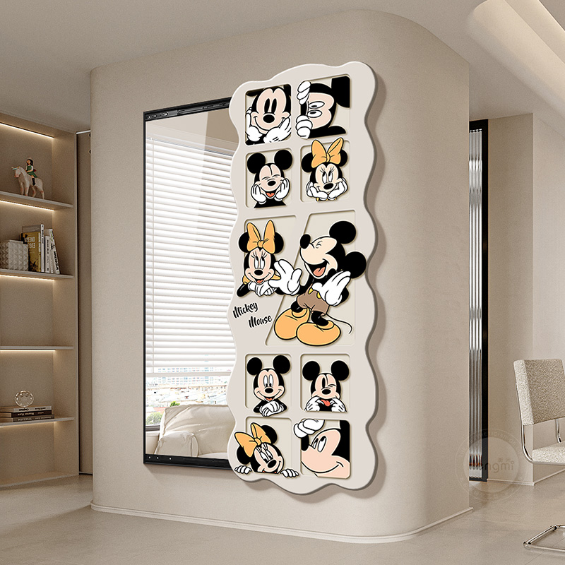 高档米奇镜子装饰画隐藏式全身穿衣镜玄关挂画可关闭推拉卧室壁画