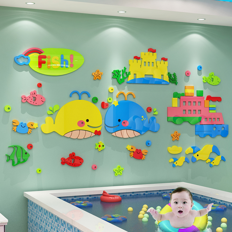 游泳馆墙贴母婴店背景3d立体童房幼儿园墙面装饰卡通防水玻璃纸画图片