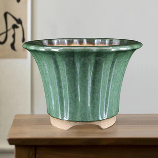 宜兴名家秦夕洪绿均釉筋纹紫砂盆景盆春兰绿云大富贵翠盖兰花盆