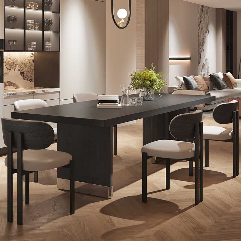 意式简约现代纯黑下挂岩板实木餐桌椅组合大户型设计师大板桌茶桌