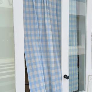 ins奶蓝格门帘简约半帘韩式免打孔穿杆厨房隔断窗窗帘挂钩款定制