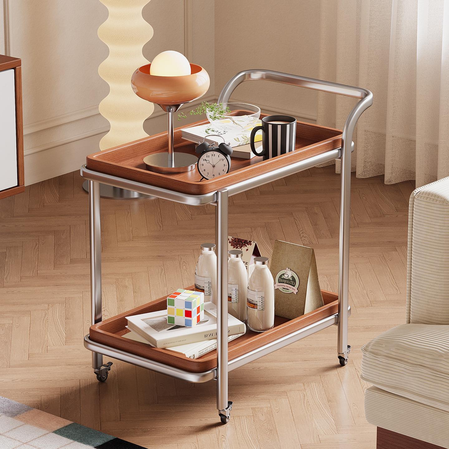 中古风包豪斯实木可移动边几收纳小推车客饭厅沙发边柜储物置物架