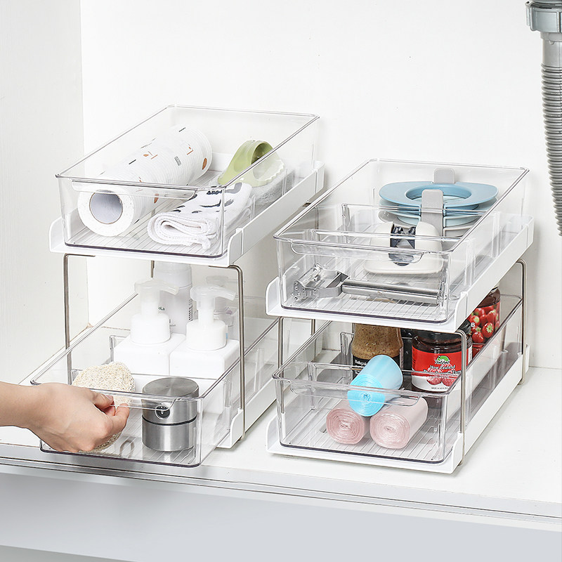 厨房双层置物架抽屉式调味瓶罐塑料整理架橱柜桌面分格透明收纳盒