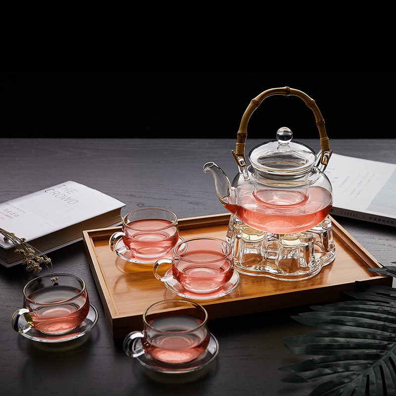 耐高温玻璃茶具套装家用简约透明加厚泡茶壶竹提梁壶整套花草茶具