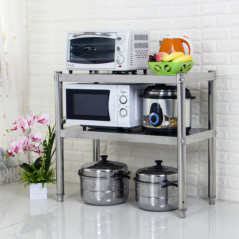 不锈钢厨房置物架两层台面微波炉架储物架烤箱落地收纳架2层包邮
