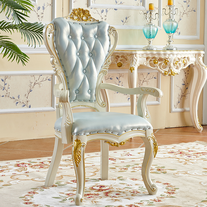 实木雕刻欧式餐椅餐桌椅珍珠白色美式布艺咖啡椅设计休闲扶手椅子