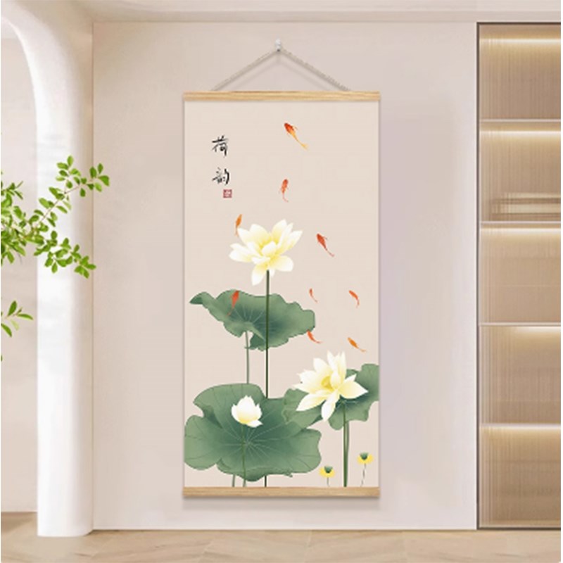 荷花九鱼图玄关装饰画入户正对门新中式客厅布艺挂画走廊过道挂布图片