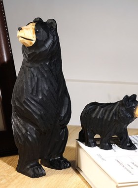 大黑熊手工木雕小摆件木质雕刻卡通治愈系创意可爱办公桌面装饰品