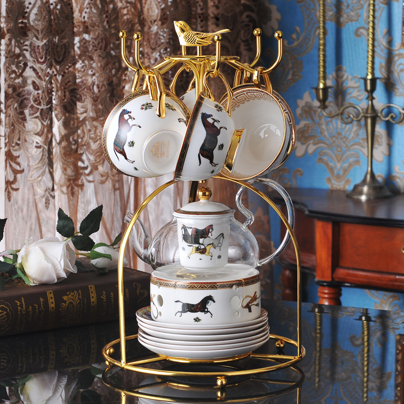 欧式陶瓷玻璃花茶杯套装家用下午茶具水果茶壶带过滤蜡烛加热