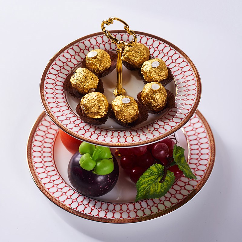 欧式骨瓷双层水果盘子下午茶点心盘蛋糕盘自助餐展示架甜品台摆件