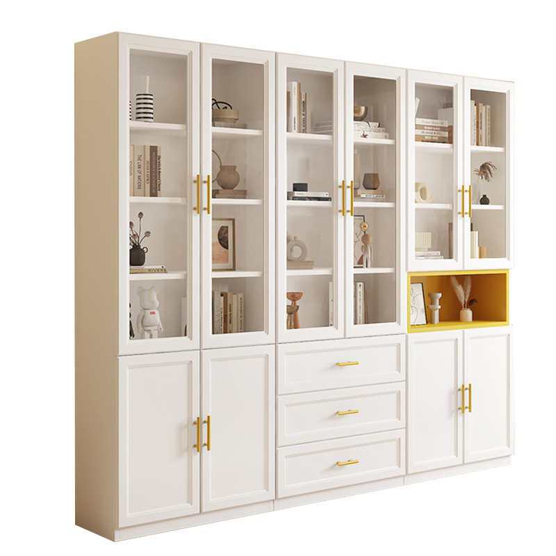 奶油风实木书柜家用书架组合带玻璃门展示柜子客厅一体整墙到顶