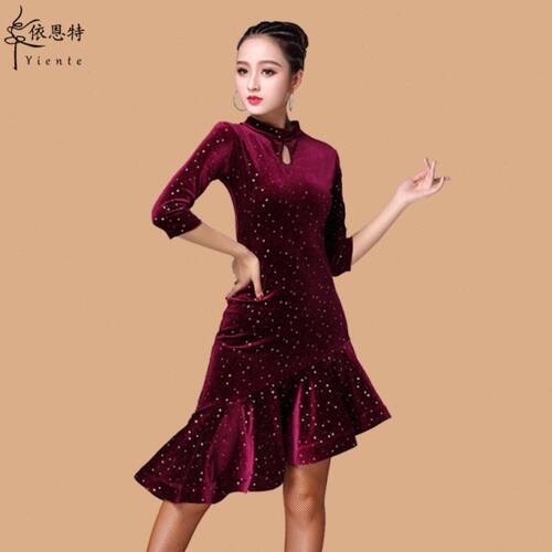 拉丁舞服装冬季专业裙练功服丝绒表演服成人女拉丁连衣裙舞演出服