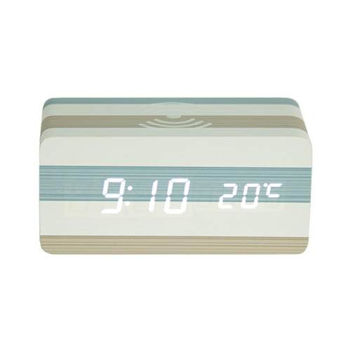 新款温度款无线充电子钟多功能条纹闹钟声控唤醒木钟厂家