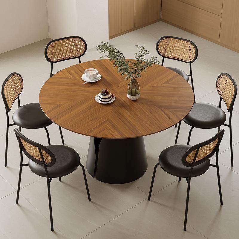 实木法式餐桌家用古风小户型圆形饭桌复古圆桌胡桃木餐桌椅组合