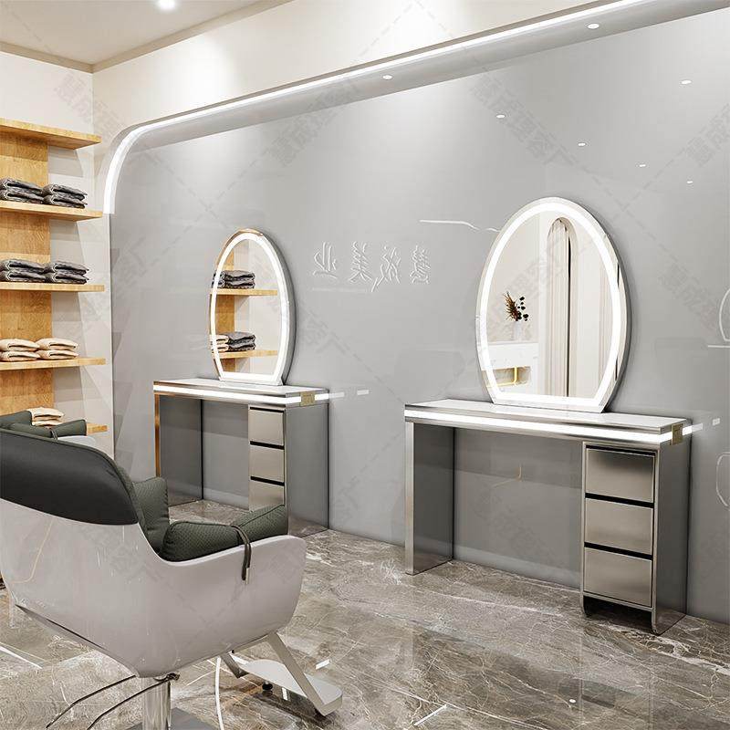 网红理发店带灯双面镜子美发店烫染镜台发廊专用不锈钢带柜美发镜
