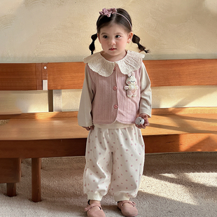 女童春季套装女宝宝花边领长袖上衣小兔马甲休闲裤婴儿分体三件套