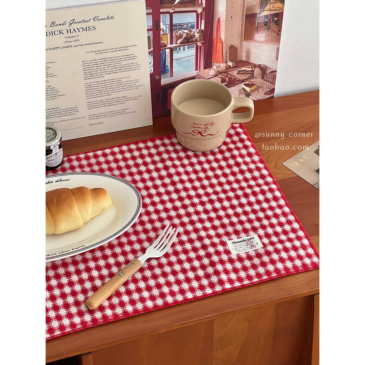 ins风红格子布艺餐垫隔热垫新年春节氛围场景布置装饰桌垫西餐垫