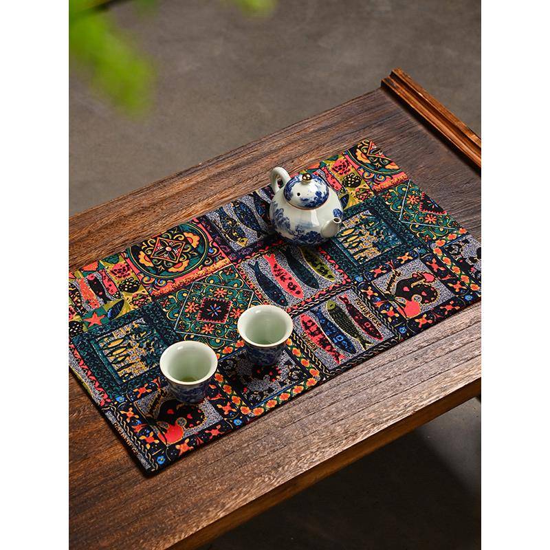 覆古民族风拼图吸水茶席鱼纹繁花茶垫中式茶道桌旗茶空间美学配件